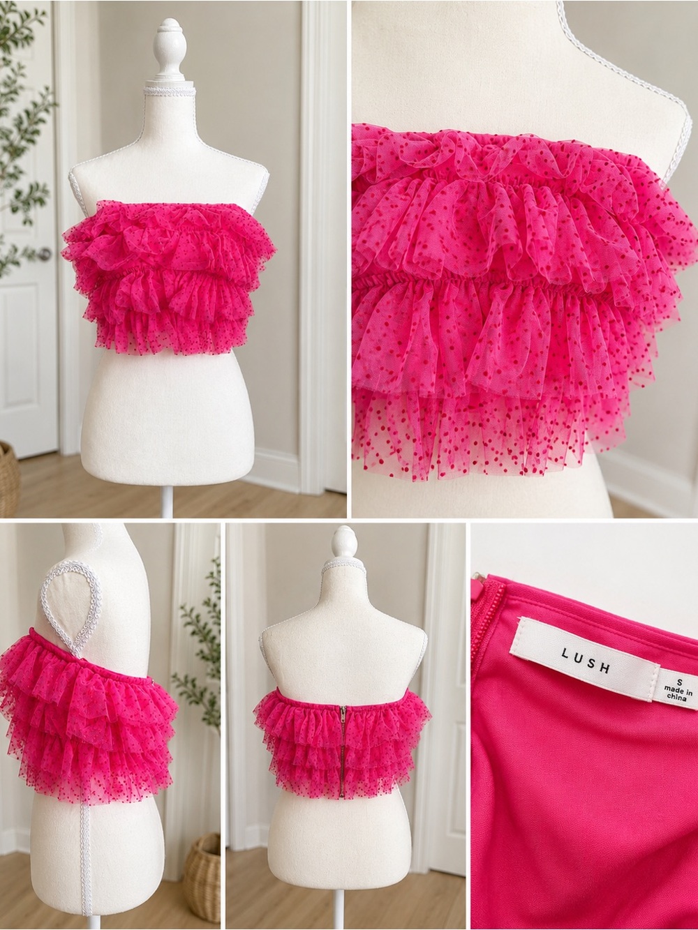 Lush Fuchsia Polka-Dot Ruffled Off-Shoulder Crop Top